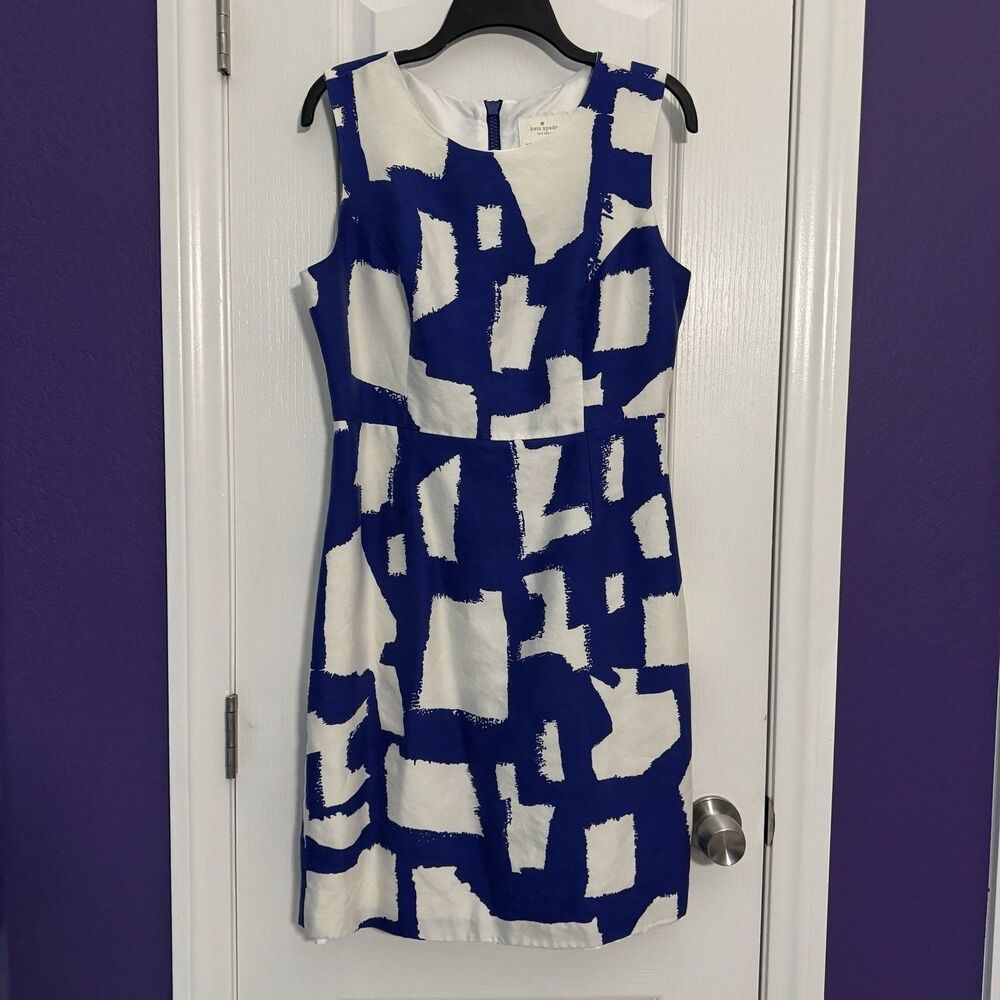 Kate Spade Abstract Print Cobalt White Cotton Silk Lined Dress Zip Size 10